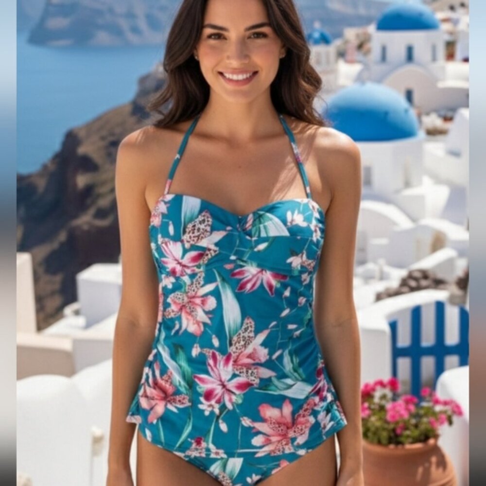 New La Blanca Flyaway Orchid Printed Bandeau Tankini Top Size 6